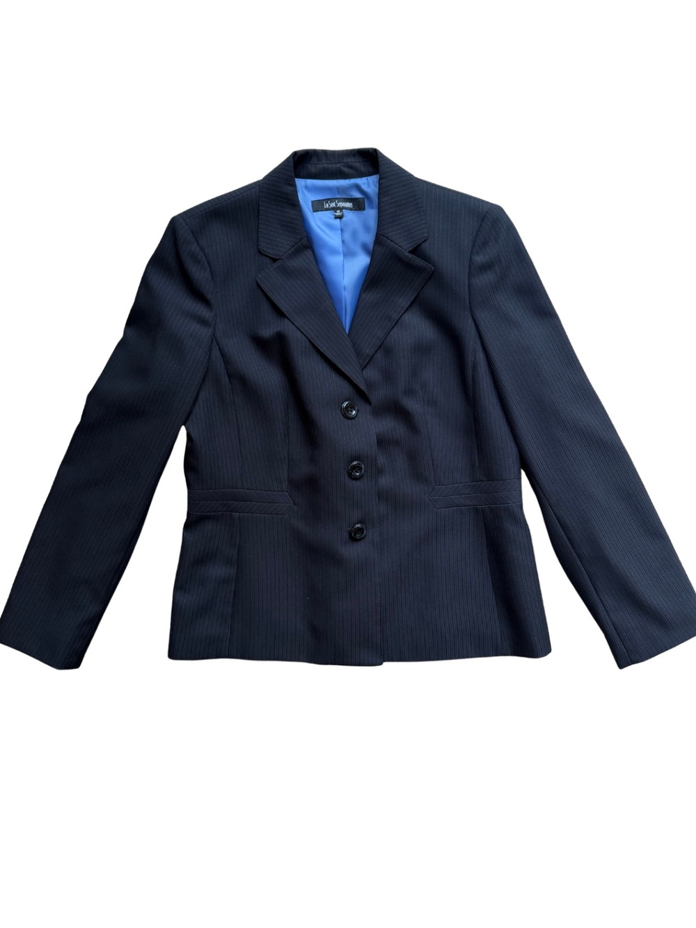Le Suit Black Pinstripe Women's Blazer with Blue Lining